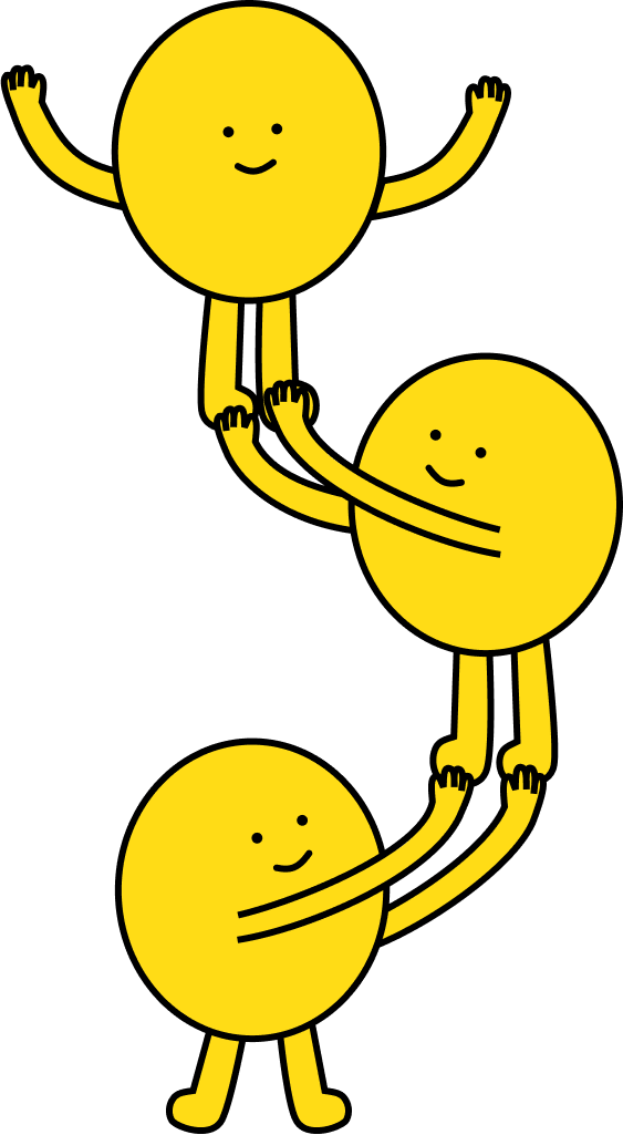 small yellow cartoons doing a tower to achieve something