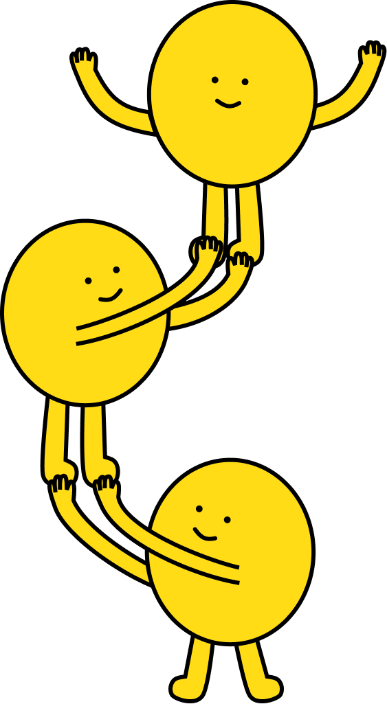 small yellow cartoons doing a tower to achieve something